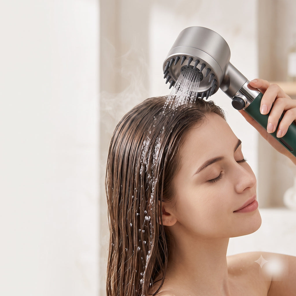 Mujer usando el cabezal de ducha filtrante Nidyva en su cabello
