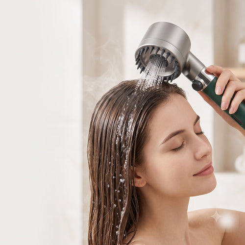 Mujer usando el cabezal de ducha filtrante Nidyva en su cabello