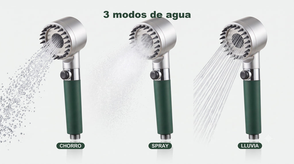 3 modos de agua: chorro, spray y lluvia