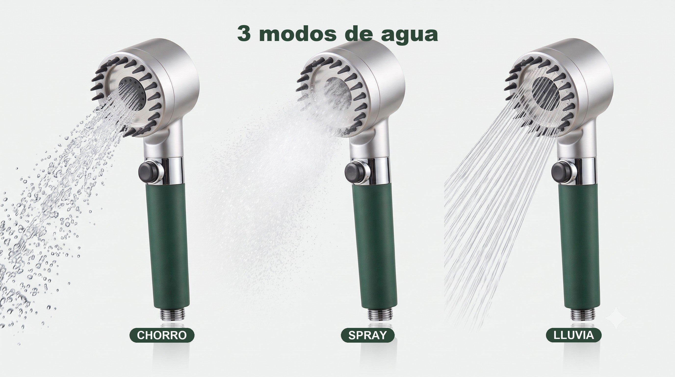 3 modos de agua: chorro, spray y lluvia